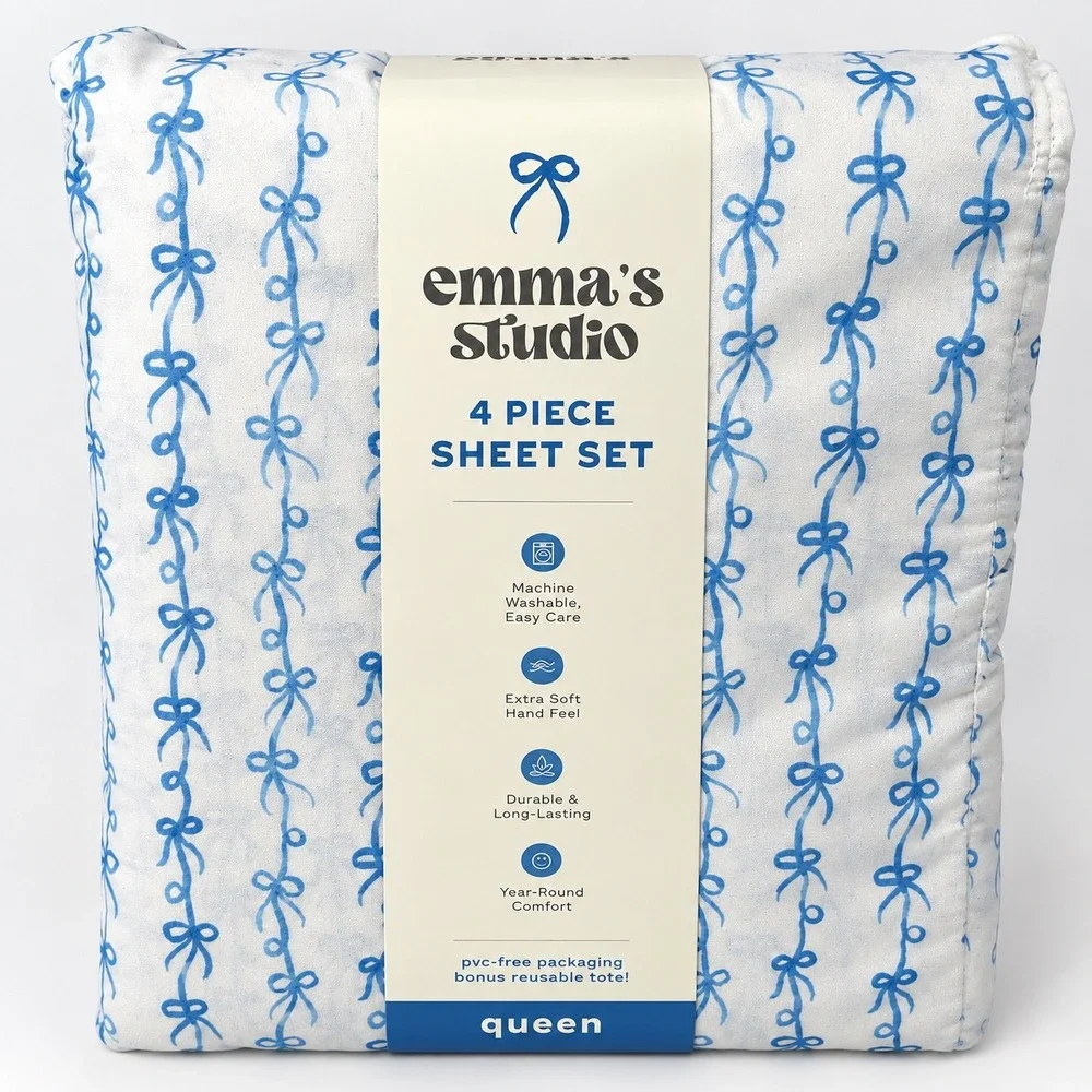 Emma's Studio Queen Sheet Set 4 Pc Blue Bows Extra Soft New Coquette Cottagecore